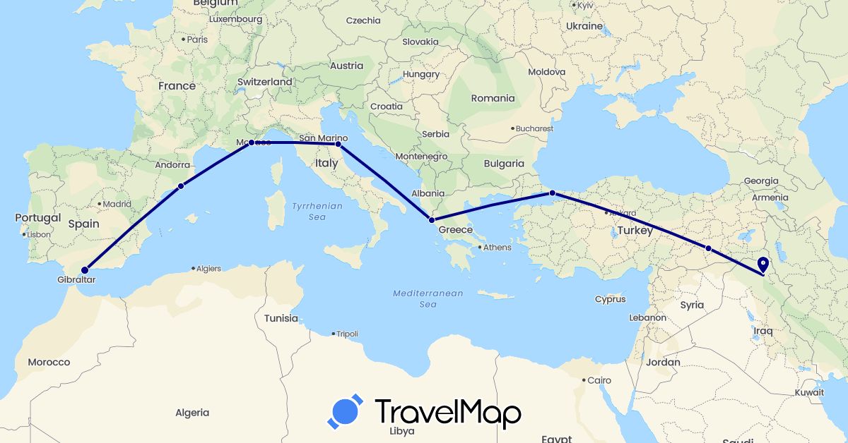 TravelMap itinerary: driving in Spain, France, Greece, Iraq, Italy, Turkey (Asia, Europe)