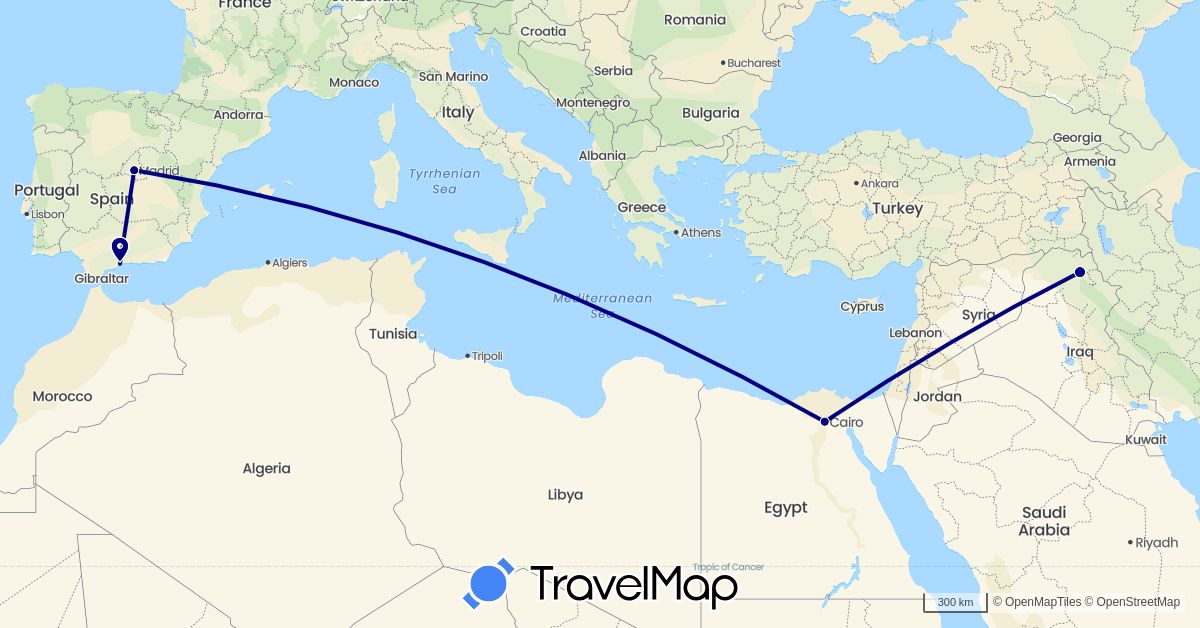 TravelMap itinerary: driving in Egypt, Spain, Iraq (Africa, Asia, Europe)
